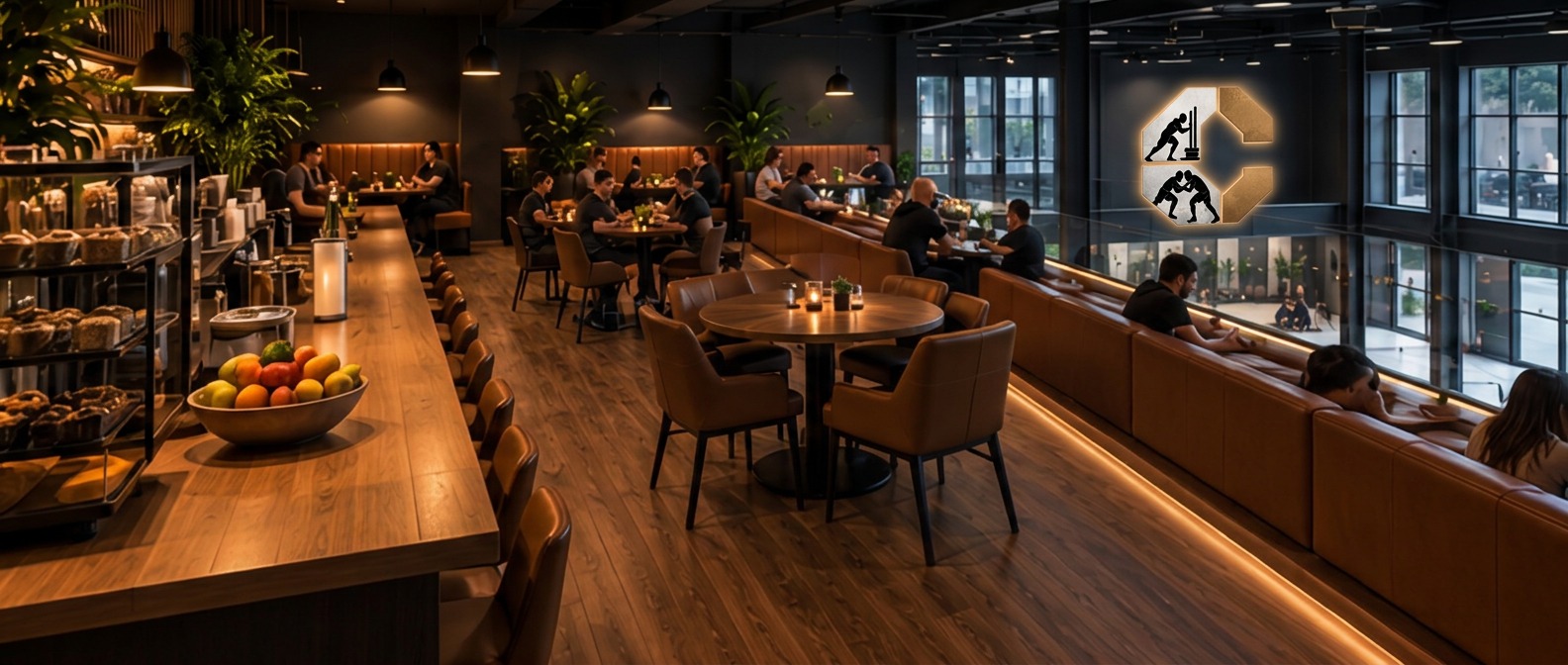 The Overlook counter and seating beside the rail