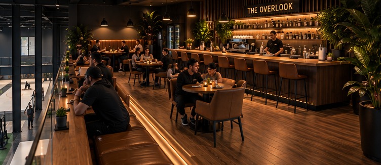 A wide view of the bar and seating at The Overlook