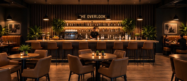 The Overlook coffee and juice bar with tables and counter seating