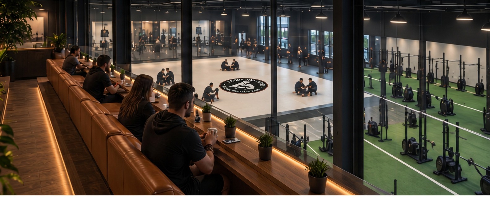 Seating along the rail overlooking the Jiu-Jitsu mat and Hyrox floor