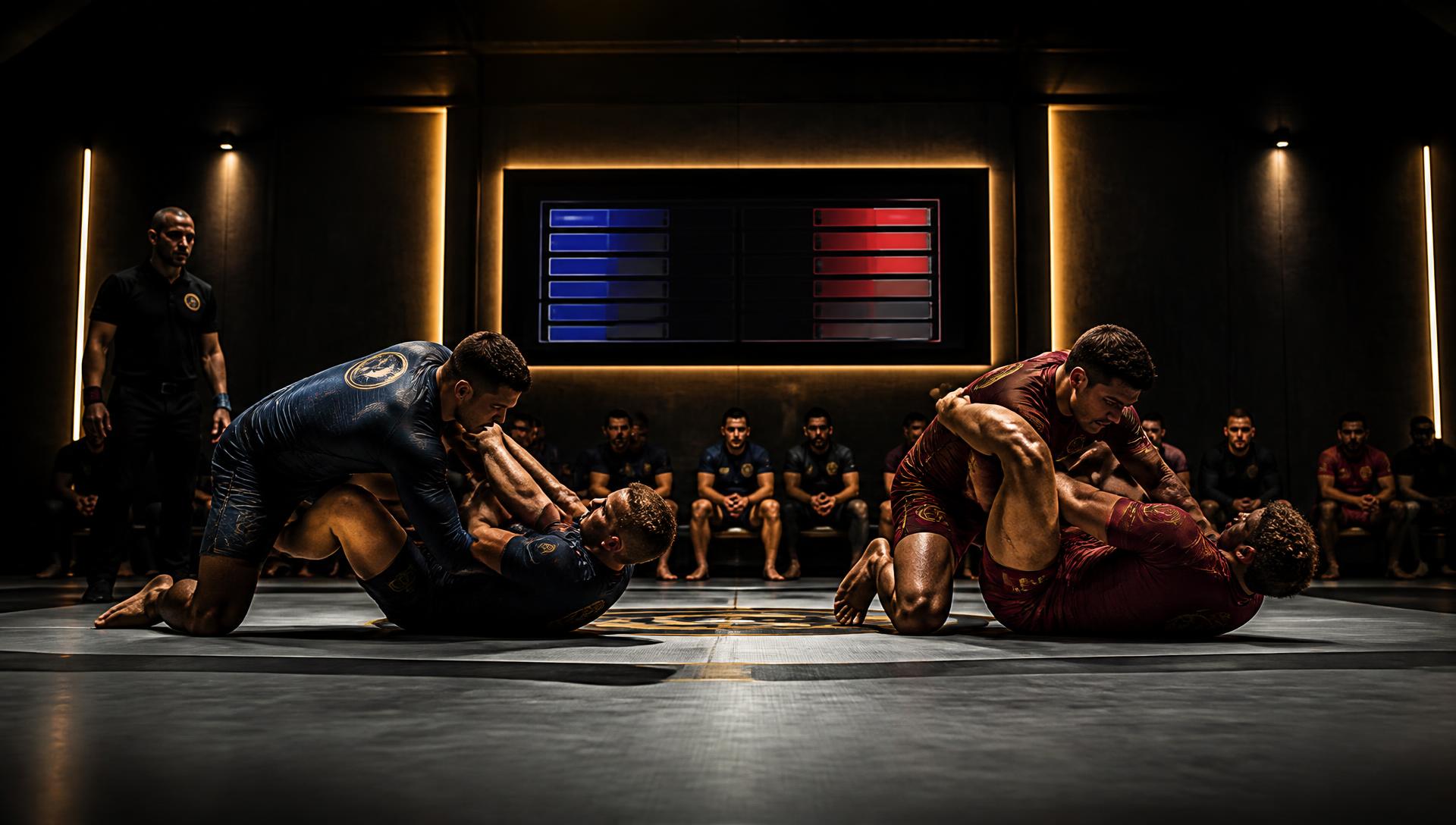 Two teams playing a scored Jiu-Jitsu game on the mat with a scoreboard on the wall