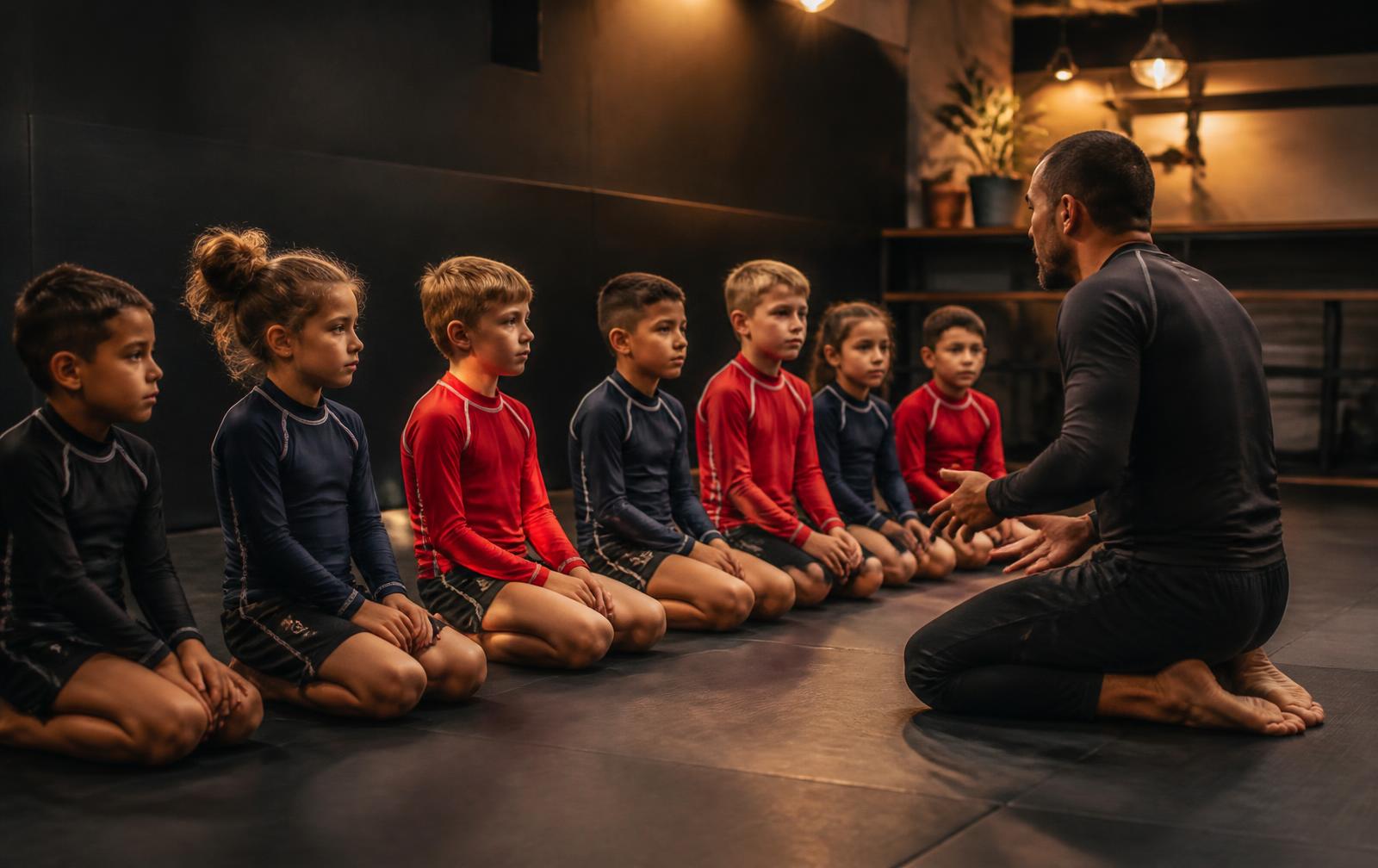 Children in navy and red rash guards listening to a coach before a game